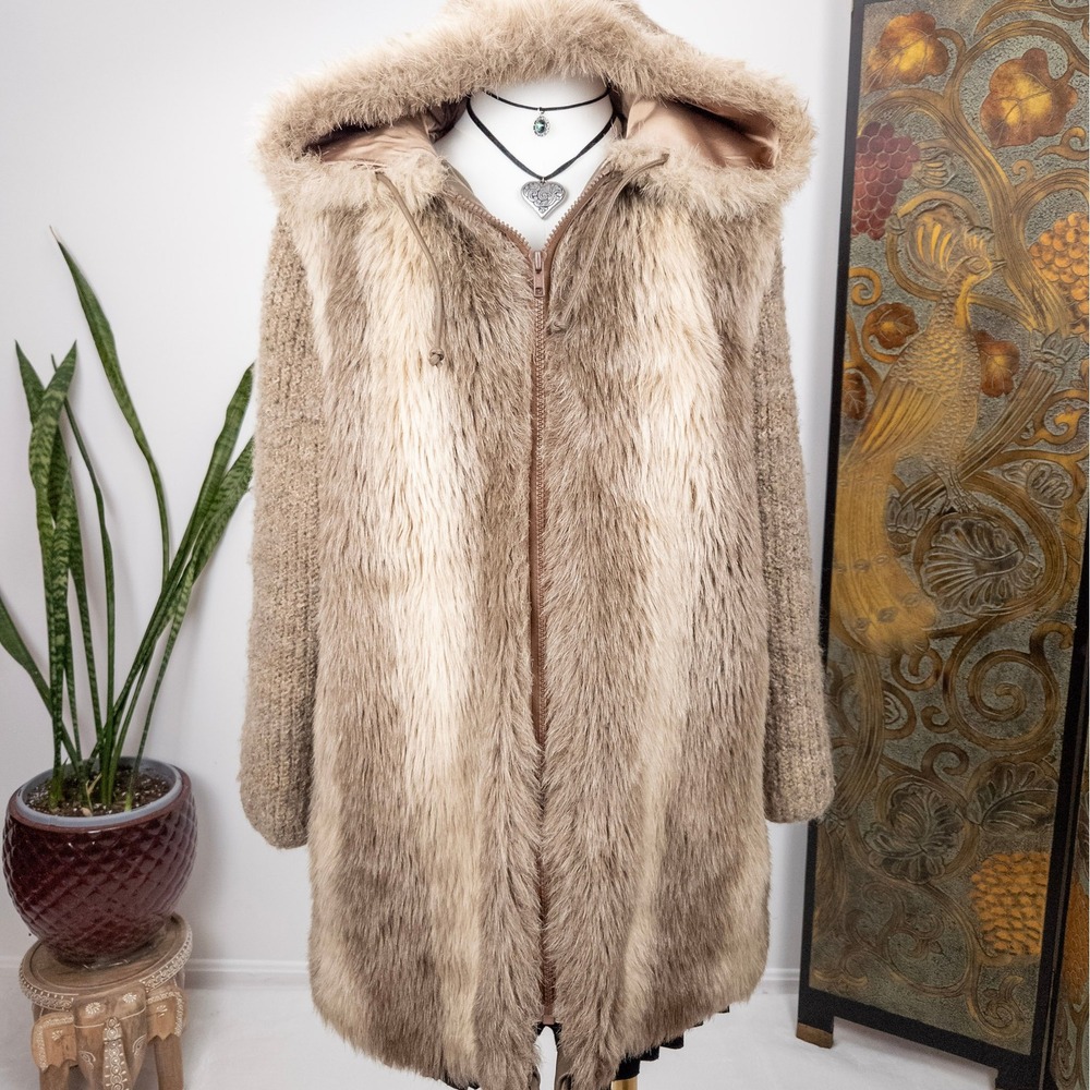 Y2K‎ Hooded Faux Fur Coat Taupe Brown Fairy Grunge Womens Size 8
